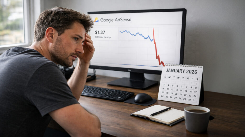 AdSense revenue graph crashing January 2026.